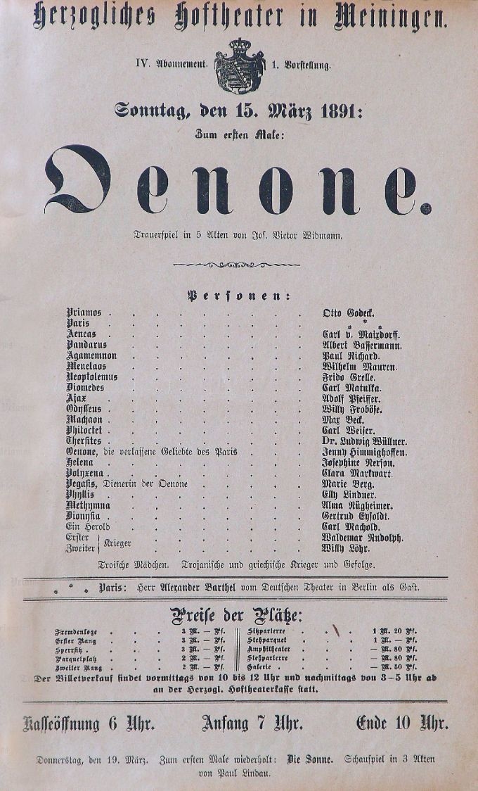 Oenone, 15. 03. 1891(Herzogliches Hoftheater in Meiningen, Theaterzettel) (Meininger Museen: Theatermuseum "Zauberwelt der Kulisse" CC BY-NC-SA)