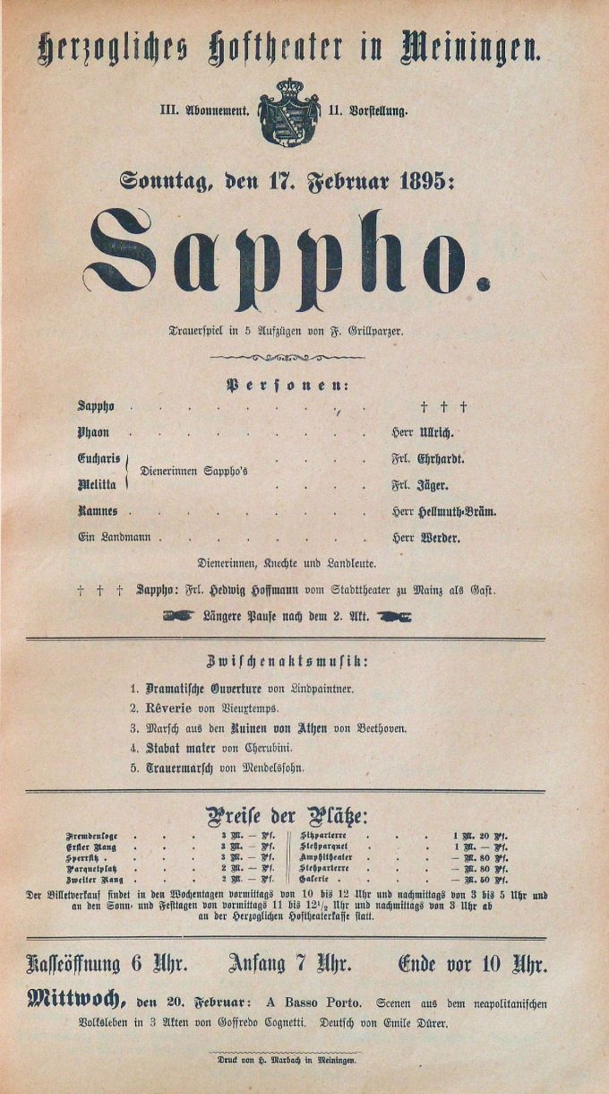 Sappho, 17. 02. 1895 (Herzogliches Hoftheater in Meiningen, Theaterzettel) (Meininger Museen: Theatermuseum "Zauberwelt der Kulisse" CC BY-NC-SA)