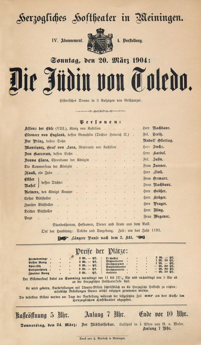 Die Jüdin von Toledo, 20. 03. 1904 (Herzogliches Hoftheater in Meiningen, Theaterzettel) (Meininger Museen: Theatermuseum "Zauberwelt der Kulisse" CC BY-NC-SA)