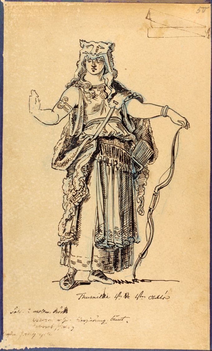 Thusnelda (Kostümzeichnung zu &quot;Die  Hermannsschlacht&quot;, 1. Akt, 1. Szene) (Meininger Museen: Theatermuseum "Zauberwelt der Kulisse" CC BY-NC-SA)