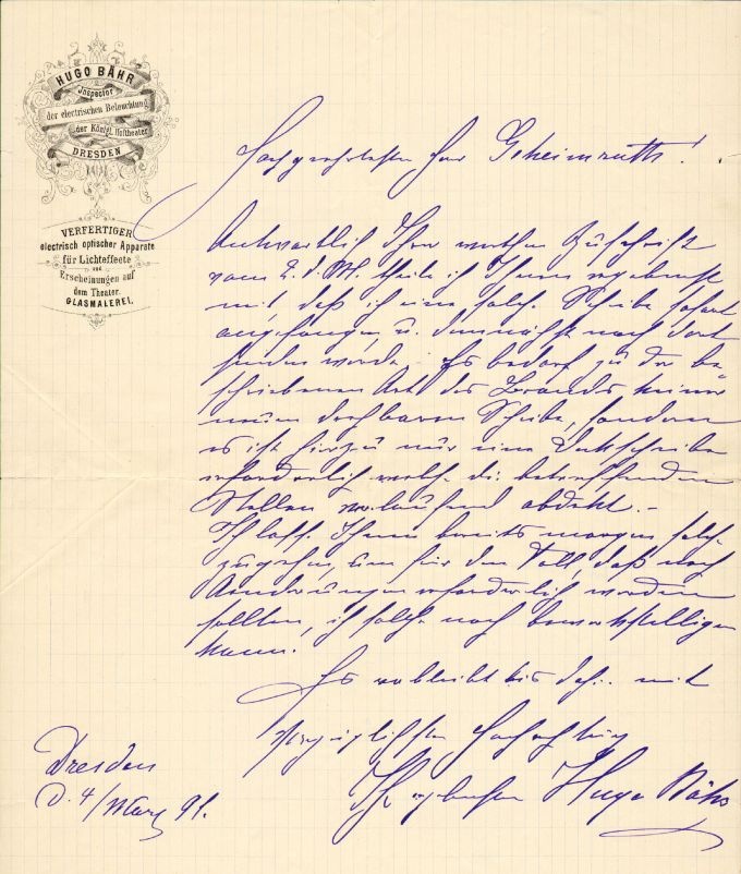 Brief: Hugo Bähr an Ludwig Chronegk, 04. 03. 1891 (Meininger Museen: Theatermuseum "Zauberwelt der Kulisse" CC BY-NC-SA)