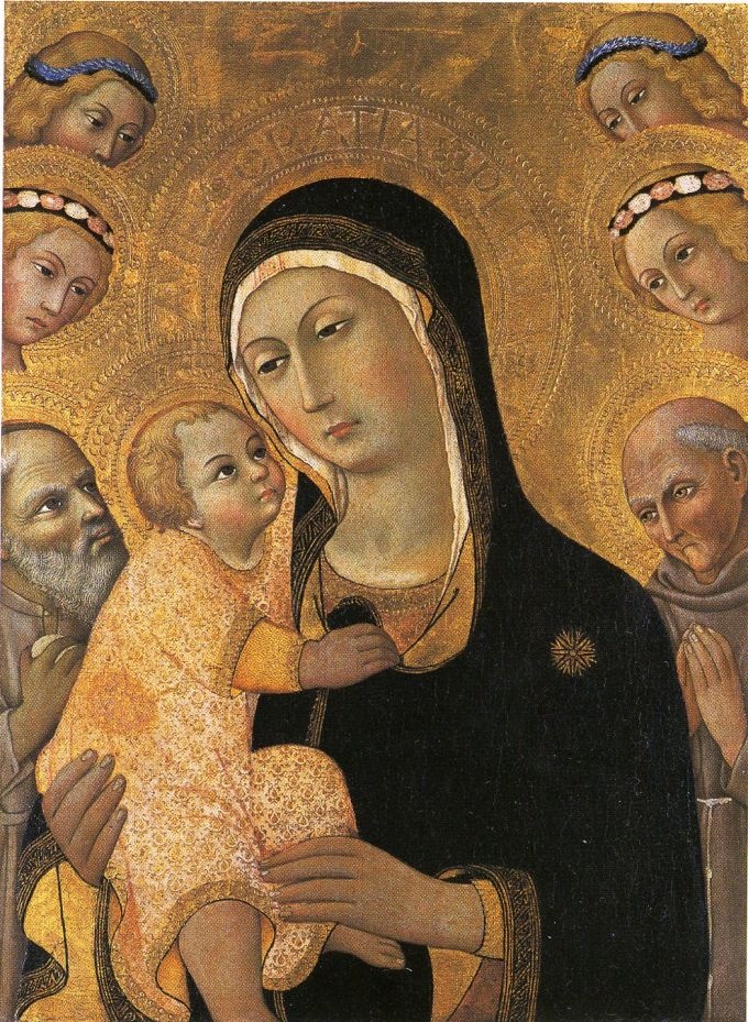 Maria in Halbfigur mit dem Kind, verehrt von Engeln und Heiligen (Lindenau-Museum Altenburg CC BY-NC-SA)