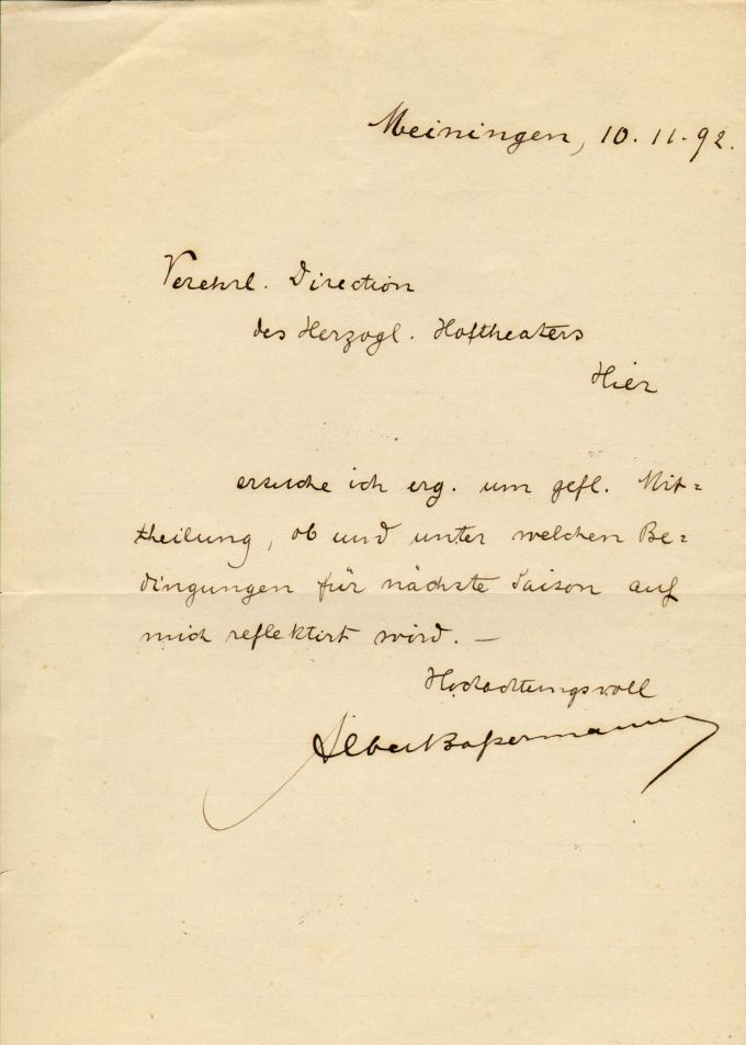Brief: Albert Bassermann an Paul Richard, 10. 11. 1892 (Meininger Museen: Theatermuseum "Zauberwelt der Kulisse" CC BY-NC-SA)