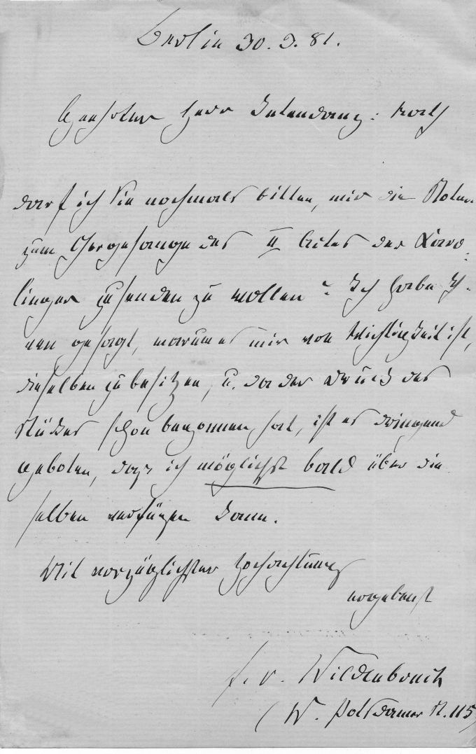 Brief: Ernst v. Wildenbruch an Ludwig Chronegk, 30. 03. 1881 (Meininger Museen: Theatermuseum "Zauberwelt der Kulisse" CC BY-NC-SA)