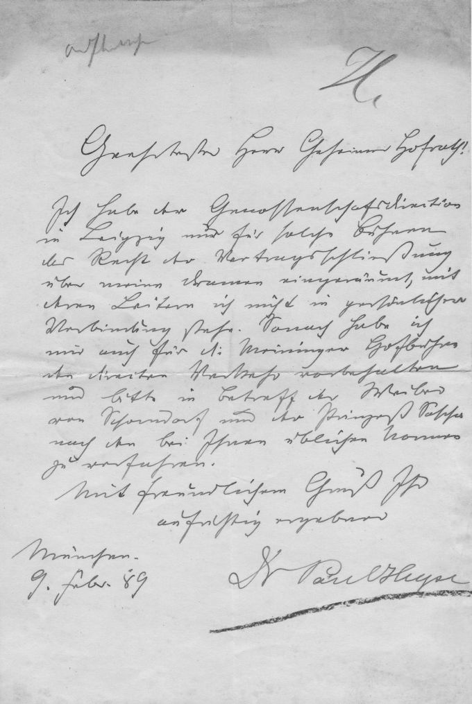 Brief: Paul Heise an Ludwig Chronegk, 09. 02. 1889 (Meininger Museen: Theatermuseum "Zauberwelt der Kulisse" CC BY-NC-SA)