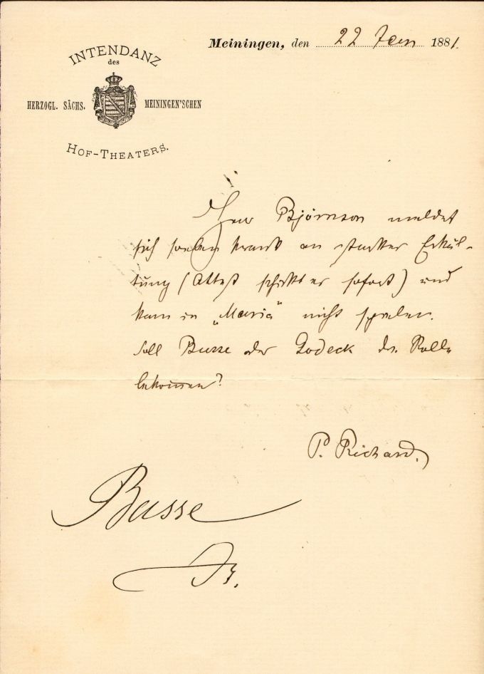 Brief: Paul Richard an Herzog Georg II., 22. 01. 1881 (Meininger Museen: Theatermuseum "Zauberwelt der Kulisse" CC BY-NC-SA)