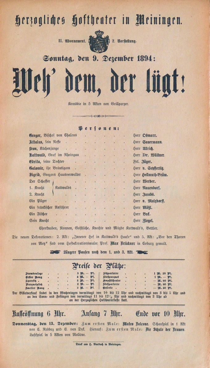 Weh’ dem, der lügt! 09. 12. 1894 (Herzogliches Hoftheater in Meiningen, Theaterzettel) (Meininger Museen: Theatermuseum "Zauberwelt der Kulisse" CC BY-NC-SA)
