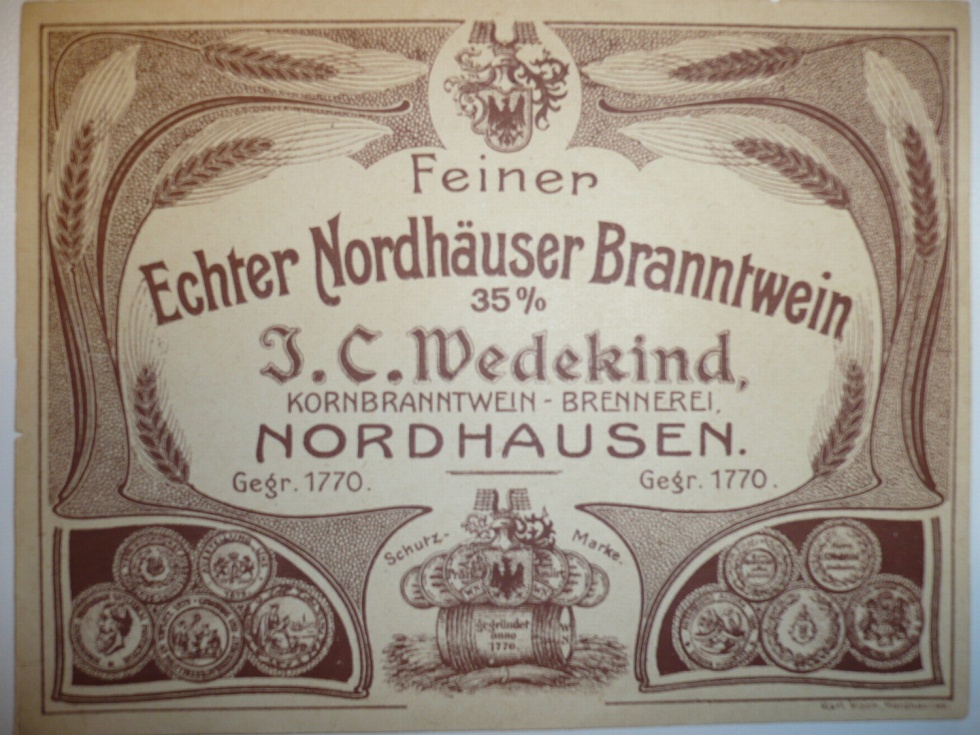 Etikett von der Firma I. C. Wedekind (Echter Nordhäuser Traditionsbrennerei CC BY-NC-SA)