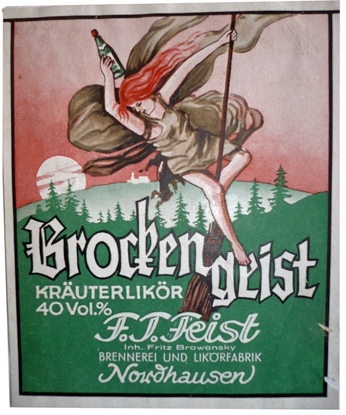 Etikett Brockengeist von der Firma F.T. Feist (Echter Nordhäuser Traditionsbrennerei CC BY-NC-SA)