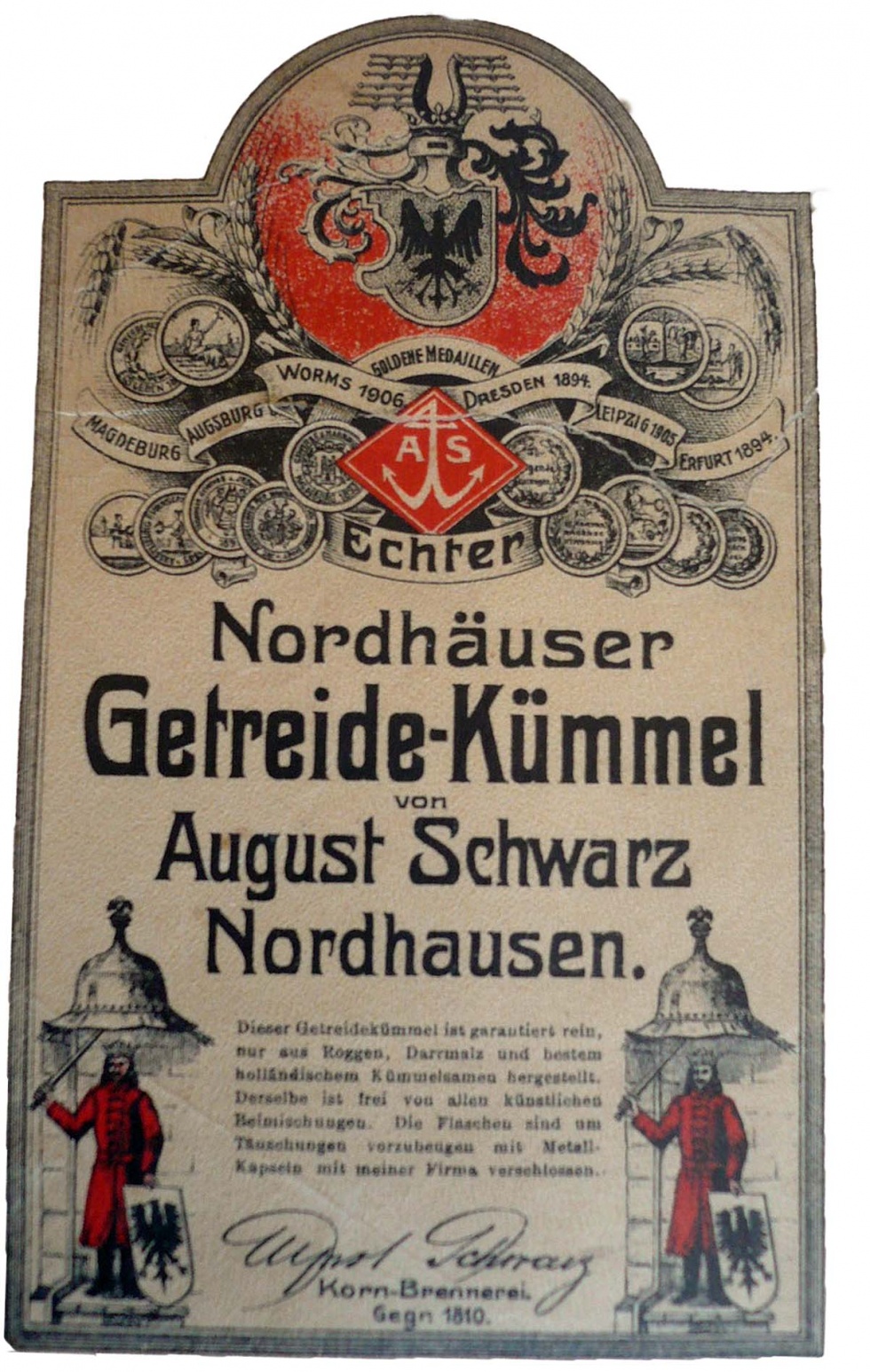 Etikett der Firma August Schwarz (Echter Nordhäuser Traditionsbrennerei CC BY-NC-SA)