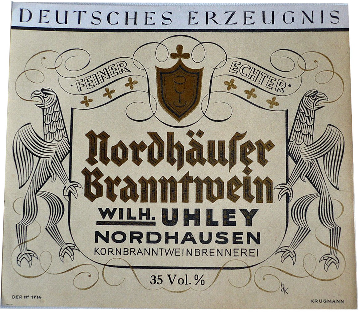 Etikett der Firma Wilhelm Uhley (Echter Nordhäuser Traditionsbrennerei CC BY-NC-SA)