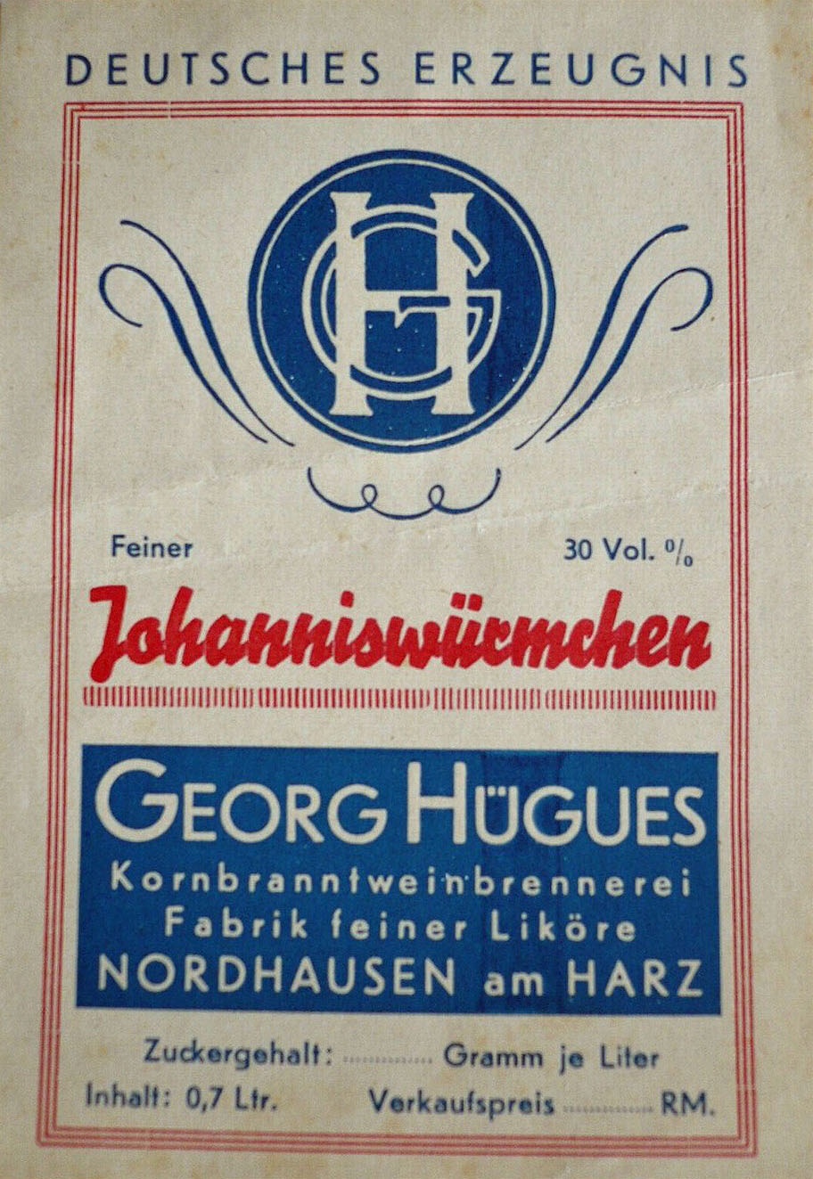 Etikett der Firma Georg Hügues (Echter Nordhäuser Traditionsbrennerei CC BY-NC-SA)