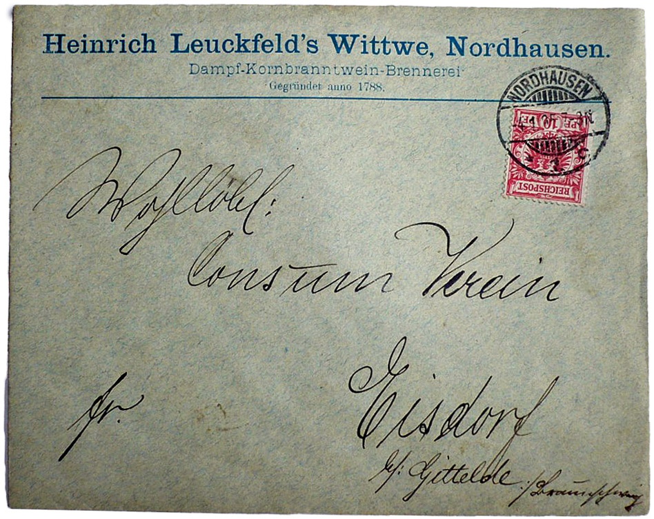 Briefumschlag der Firma Heinrich Leuckfeld’s Witwe (Echter Nordhäuser Traditionsbrennerei CC BY-NC-SA)