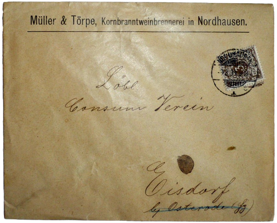 Briefumschlag von Müller & Törpe, Kornbranntweinbrennerei Nordhausen (Echter Nordhäuser Traditionsbrennerei CC BY-NC-SA)