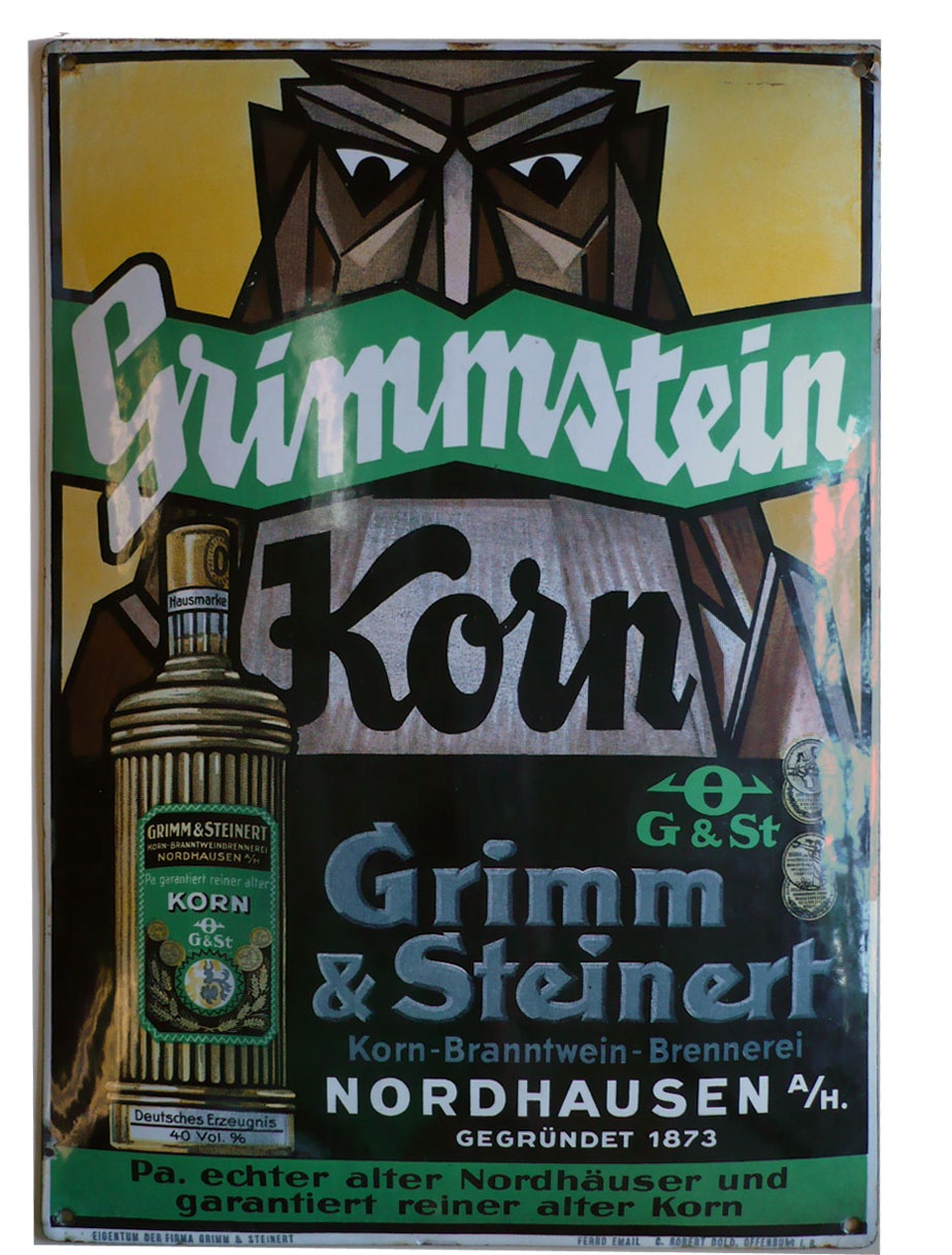 Reklameschild der Firma Grimm & Steinert (Echter Nordhäuser Traditionsbrennerei CC BY-NC-SA)