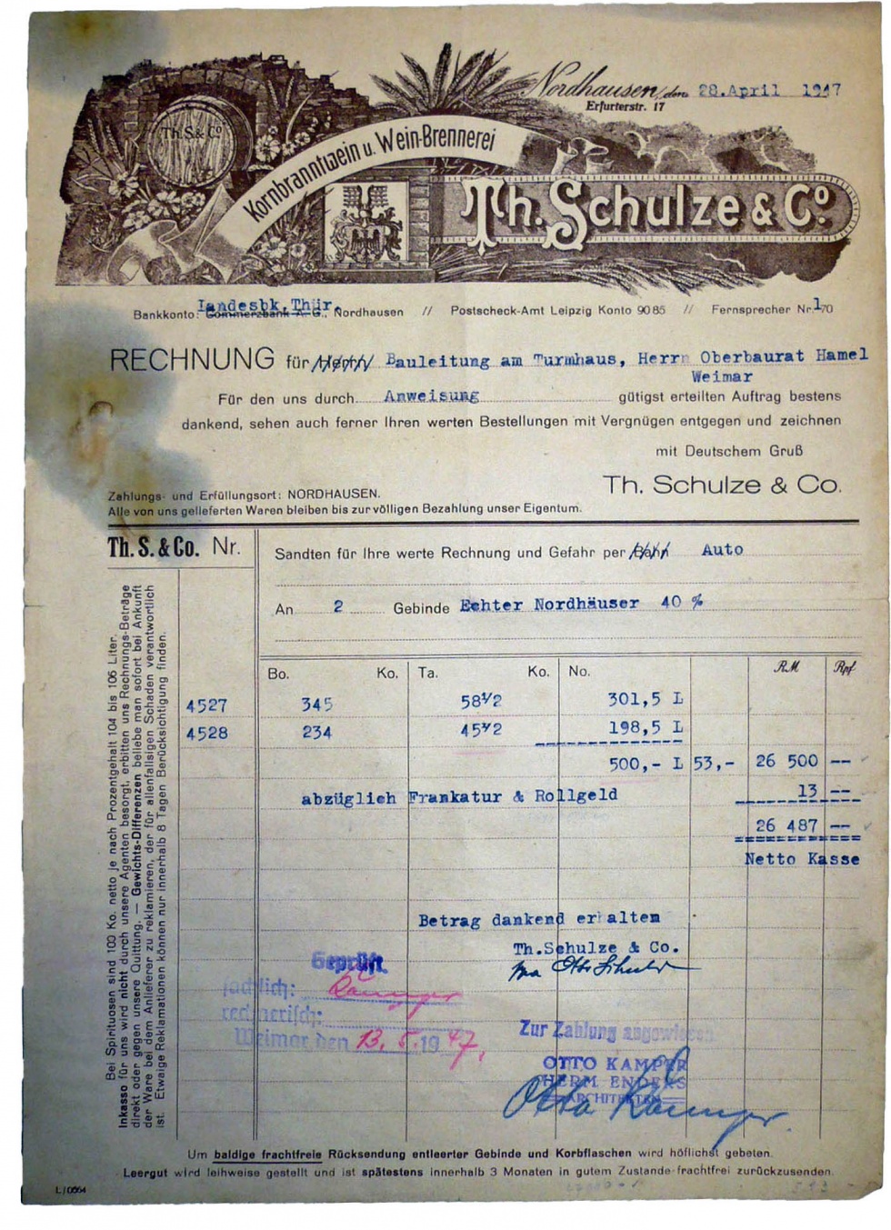 Rechnung der Familie Theodor Schulze und Co (Echter Nordhäuser Traditionsbrennerei CC BY-NC-SA)