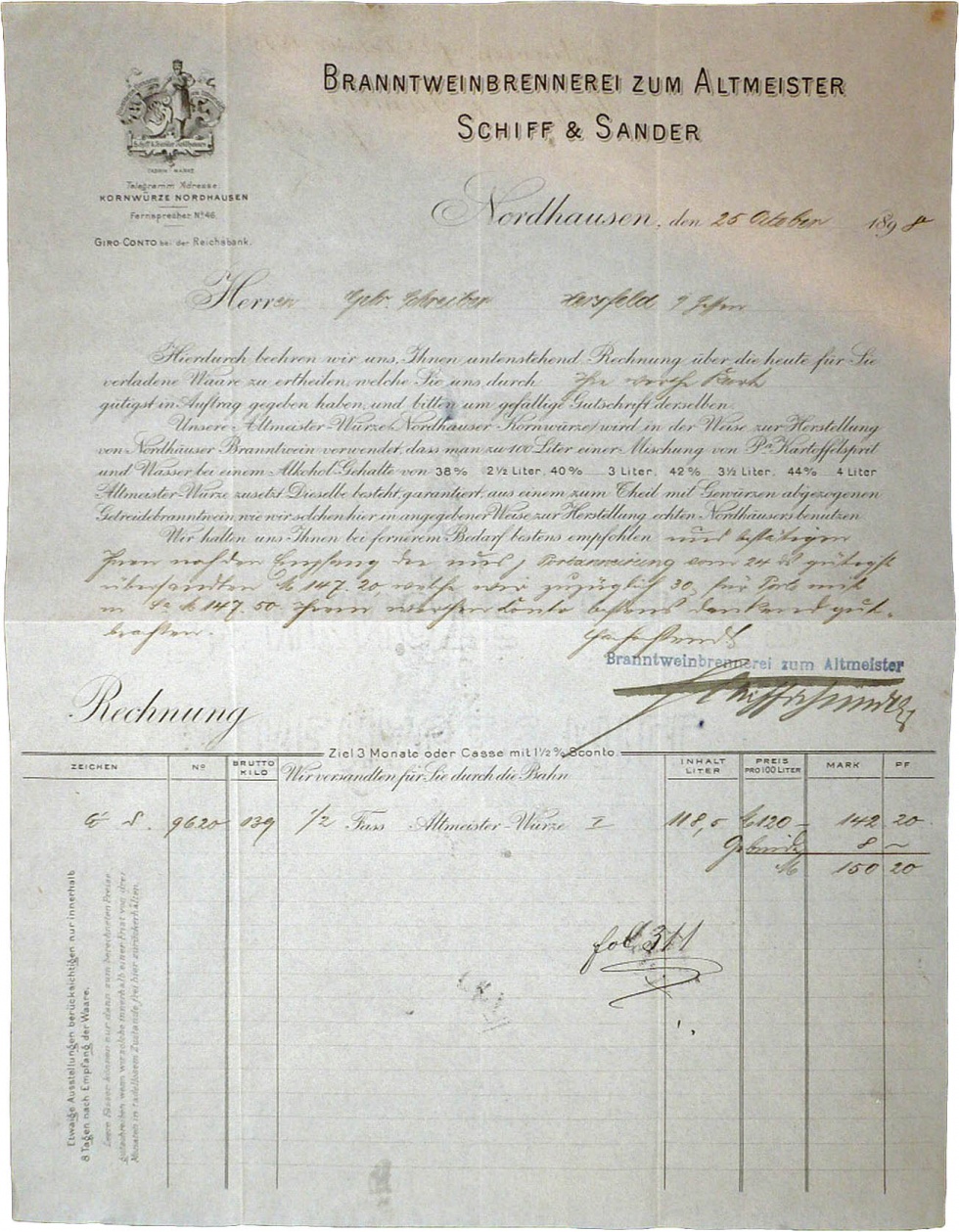 Rechnung der Familie Schiff & Sander von 1898 (Echter Nordhäuser Traditionsbrennerei CC BY-NC-SA)