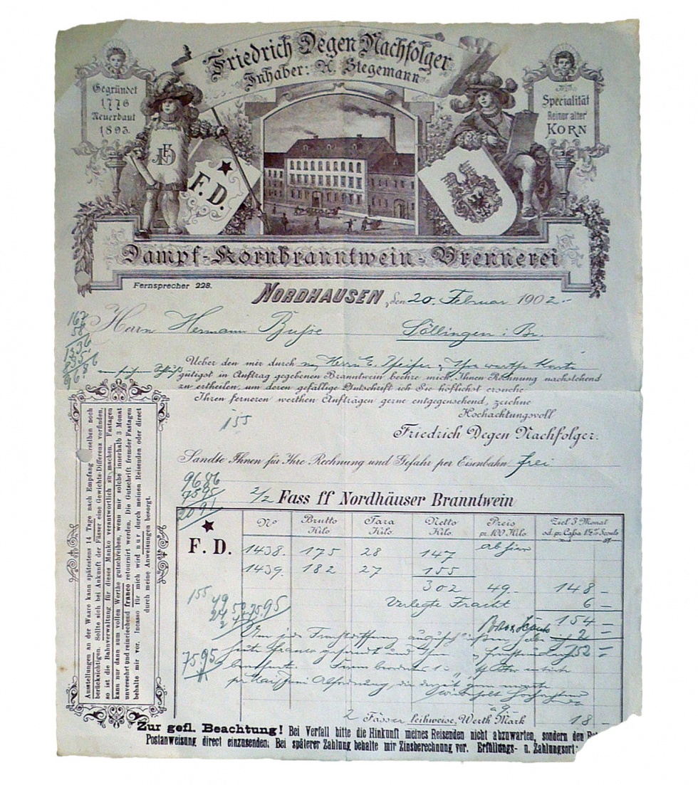 Rechnung der Familie Friedrich Degen, Nachfolger von 1902 (Echter Nordhäuser Traditionsbrennerei CC BY-NC-SA)