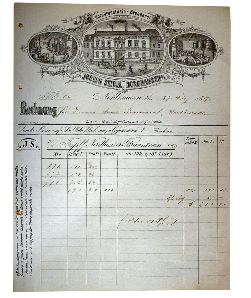 Rechnung der Familie Joseph Seidel 1889 (Echter Nordhäuser Traditionsbrennerei CC BY-NC-SA)