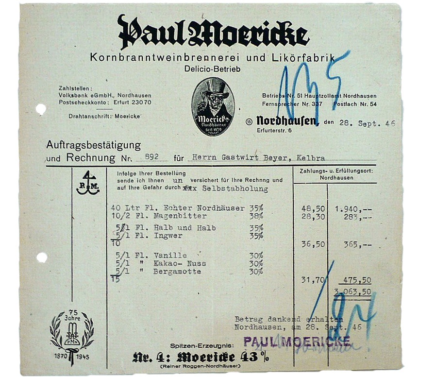 Rechnung & Auftragsbestätigung der Fa. Paul Moericke (Echter Nordhäuser Traditionsbrennerei CC BY-NC-SA)