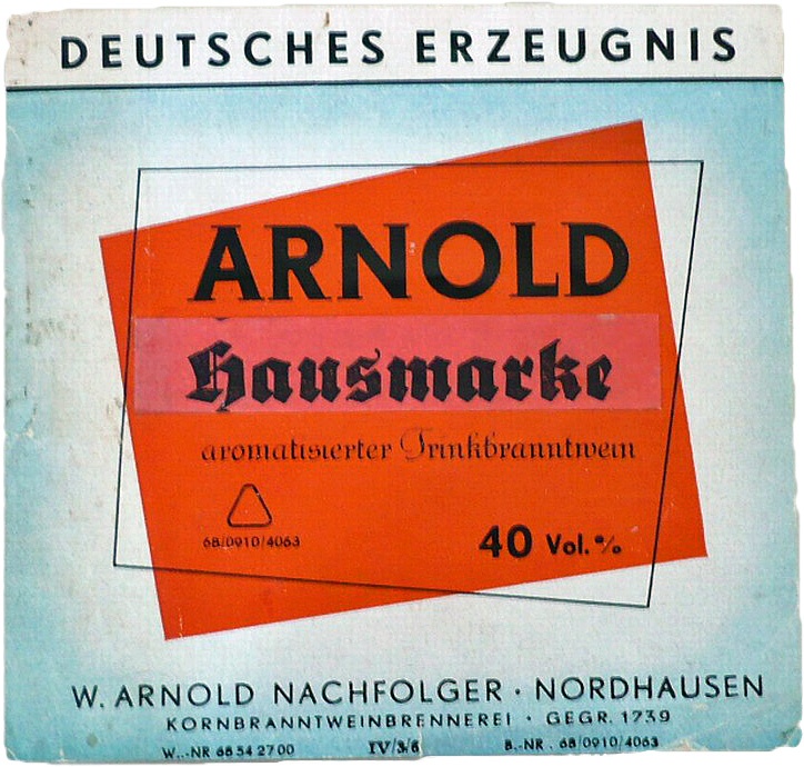 Etikett der Kornbranntweinbrennerei W. Arnold Nachfolger (Echter Nordhäuser Traditionsbrennerei CC BY-NC-SA)