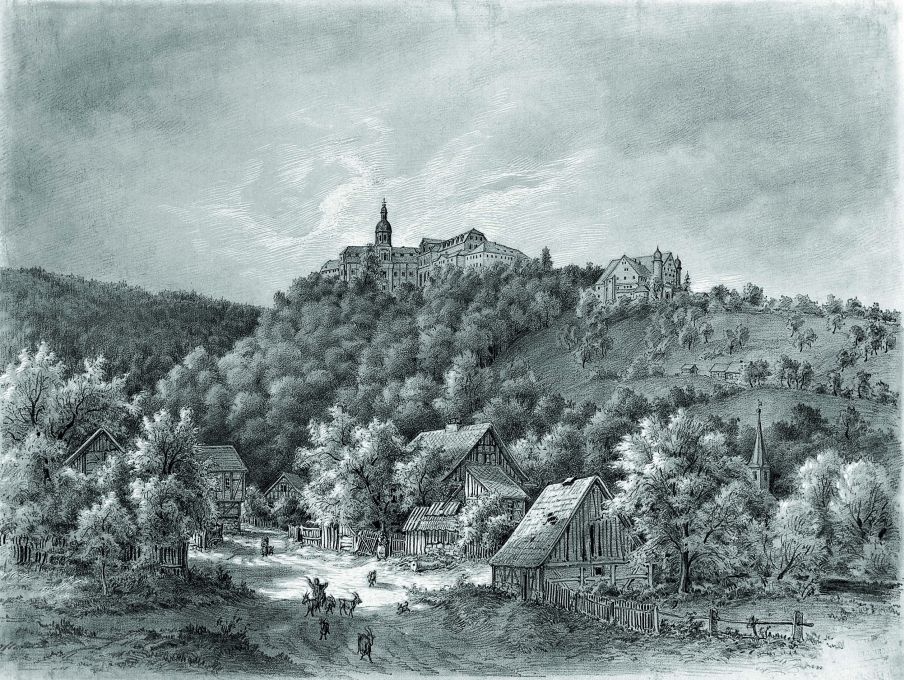 Ansicht von Schloß Schwarzburg, vom unteren Ort aus gesehen (Thüringer Landesmuseum Heidecksburg CC BY-NC-SA)