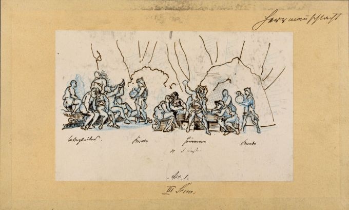 Sechs Begleiter, vier Fürsten, 1. Akt, 3. Szene, Arragementskizze zu  (Meininger Museen: Theatermuseum "Zauberwelt der Kulisse" CC BY-NC-SA)