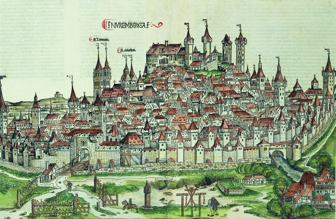 Stadtansicht von Nürnberg (Doppelblatt aus Hartmann Schedels &quot;Weltchronik&quot;) (Thüringer Landesmuseum Heidecksburg CC BY-NC-SA)