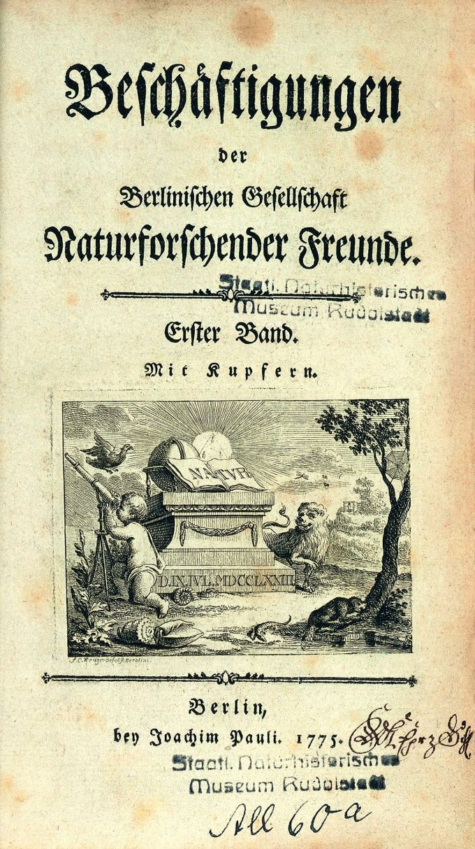 Beschäftigungen  der  Berlinischen Gesellschaft  Naturforschender Freunde, Band 1, Berlin: Joachim Pauli 1775 (Thüringer Landesmuseum Heidecksburg CC BY-NC-SA)