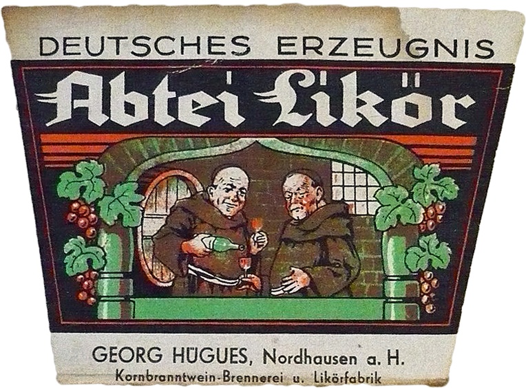 Etikett der Familie Georg Hügues &quot;Abtei Likör&quot; (Echter Nordhäuser Traditionsbrennerei CC BY-NC-SA)