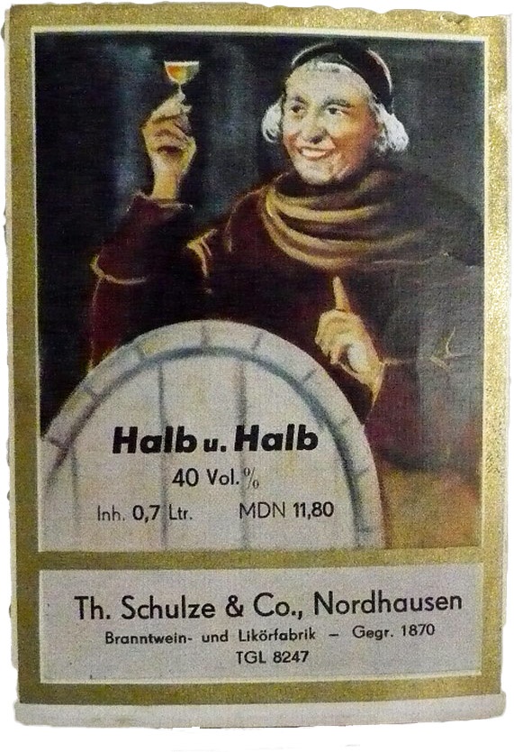 Etikett &quot;Halb & Halb&quot; der Familie Theodor Schulze & Co. (Echter Nordhäuser Traditionsbrennerei CC BY-NC-SA)