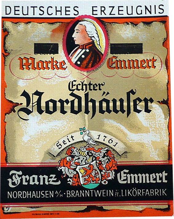 Etikett der Firma Franz Emmert (Echter Nordhäuser Traditionsbrennerei CC BY-NC-SA)