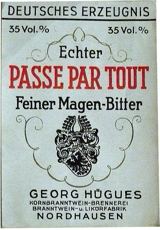 Etikett der Familie Georg Hügues &quot;Echter Passe Par Tout&quot; (Echter Nordhäuser Traditionsbrennerei CC BY-NC-SA)