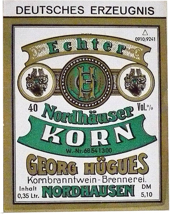 Etikett der Familie Georg Hügues &quot;Echter Nordhäuser Korn&quot;  (Echter Nordhäuser Traditionsbrennerei CC BY-NC-SA)