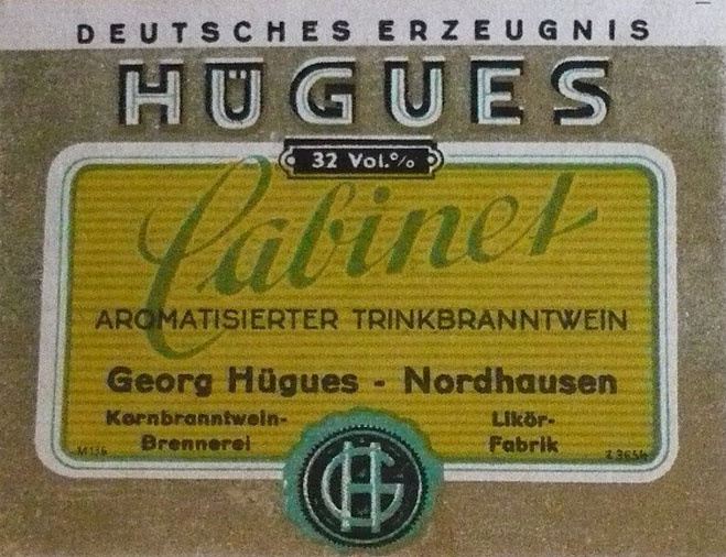 Etikett der Familie Georg Hügues &quot;Cabinet&quot; (Echter Nordhäuser Traditionsbrennerei CC BY-NC-SA)