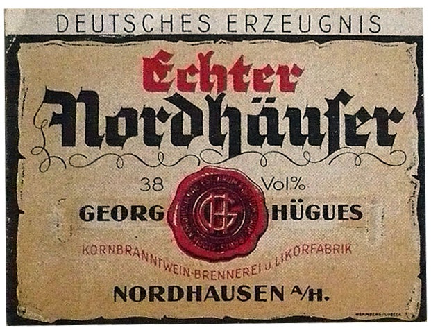 Etikett der Familie Georg Hügues &quot;Echter Nordhäuser&quot; (Echter Nordhäuser Traditionsbrennerei CC BY-NC-SA)