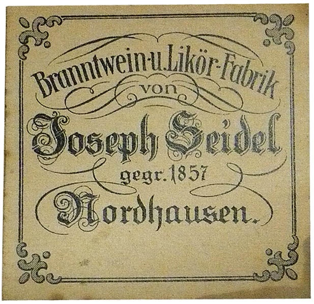 Etikett Joseph Seidel (alt) (Echter Nordhäuser Traditionsbrennerei CC BY-NC-SA)