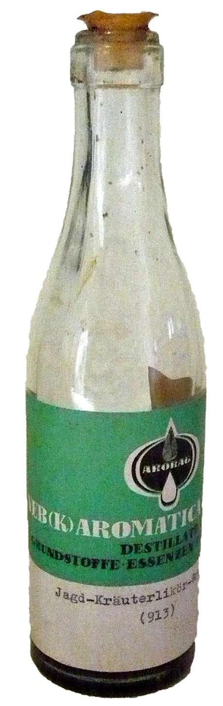 Glasflasche, Destillat-Essenz, Jagd-Kräuterlikör (Echter Nordhäuser Traditionsbrennerei CC BY-NC-SA)