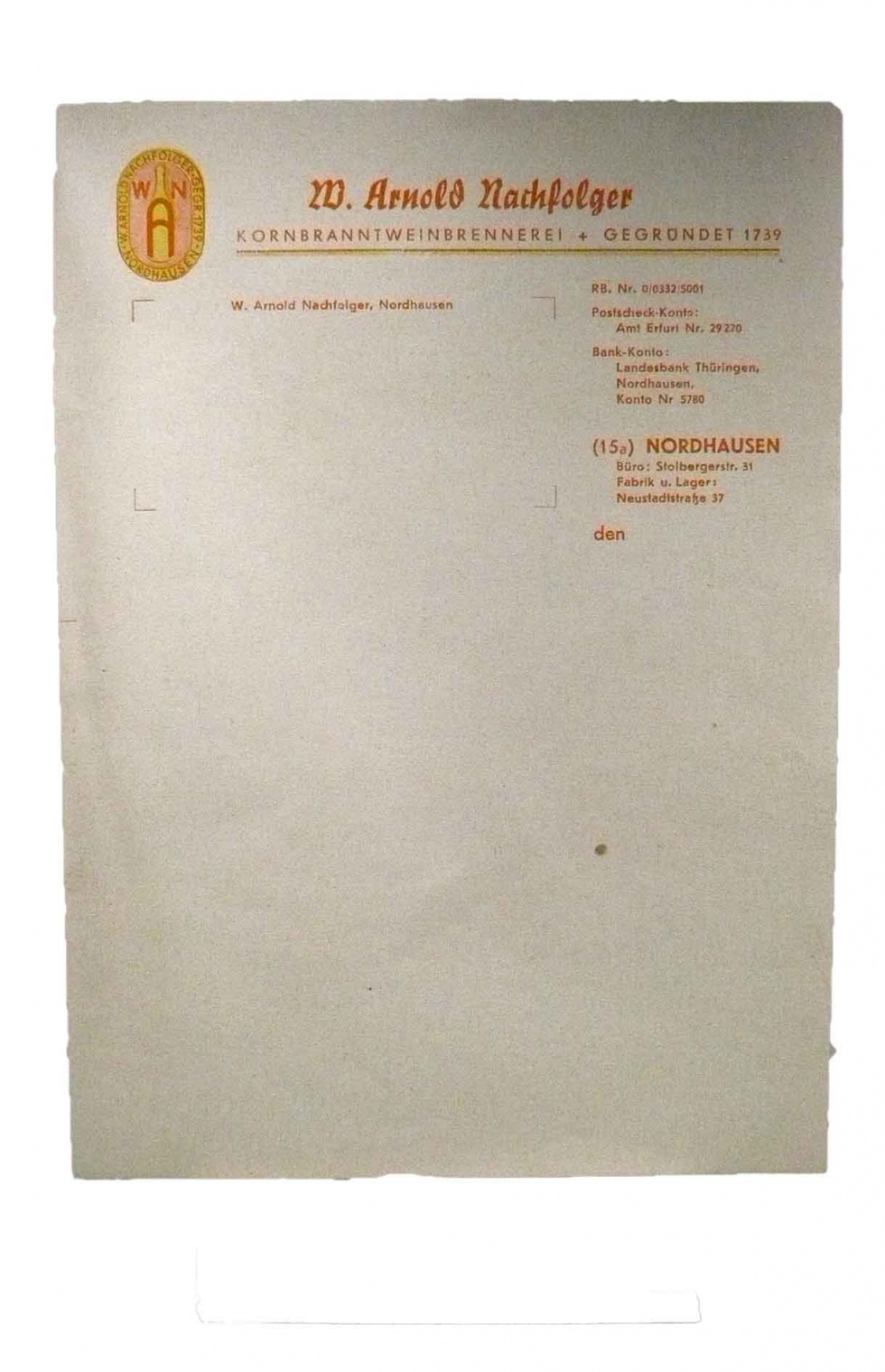 Briefkopf von W. Arnold Nachfolger (Echter Nordhäuser Traditionsbrennerei CC BY-NC-SA)