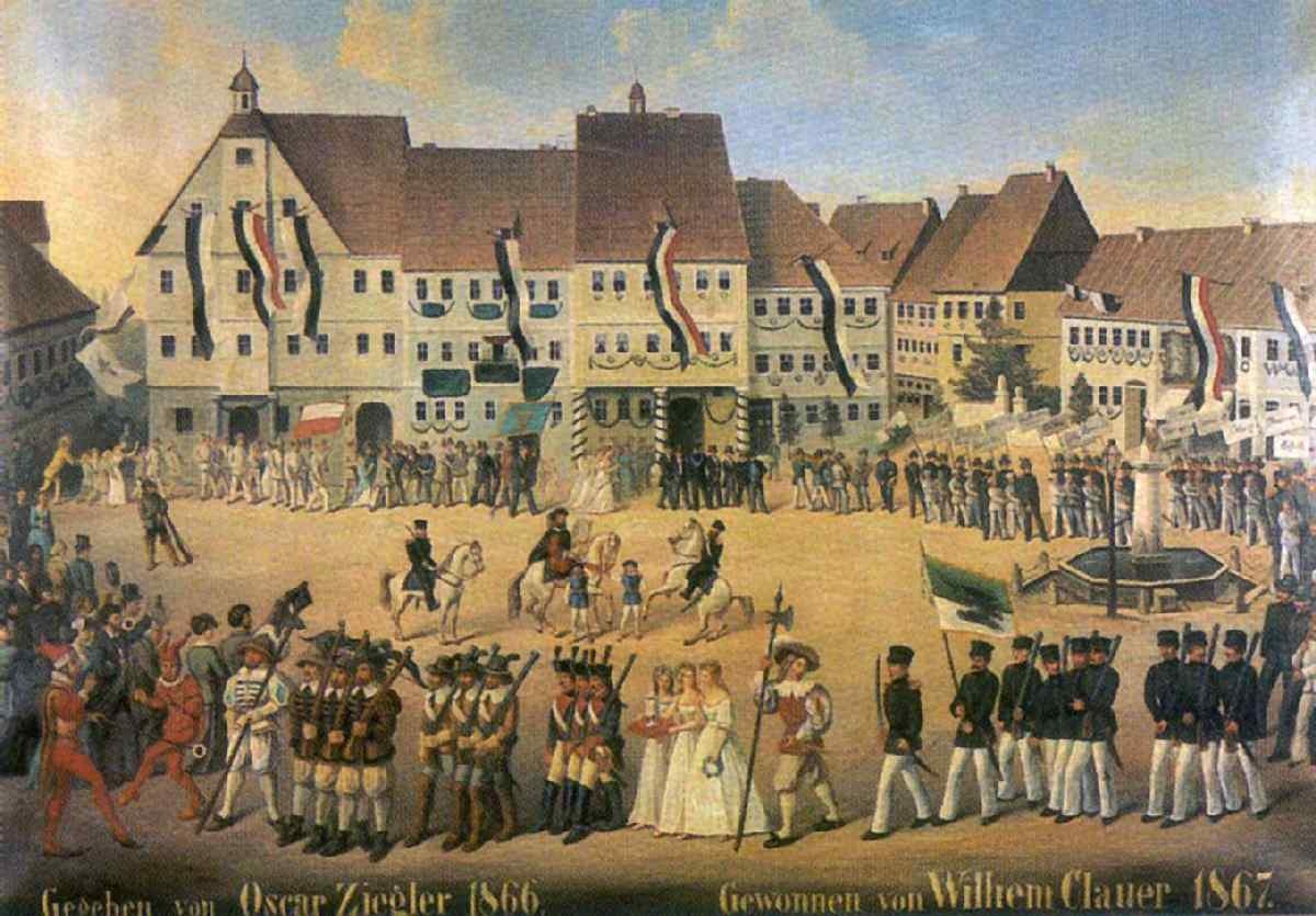 Johann Ulrich Stähelin: Schleusinger Marktplatz mit Festumzug zum Schützenfest. 1874  (Naturhistorisches Museum Schloss Bertholdsburg Schleusingen CC BY-NC-SA)