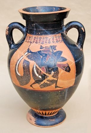 Bauchamphora, attisch-schwarzfigurig: Herakles und Nereus. Um 540 v. Chr. (Friedrich-Schiller-Universität: Archäologische Sammlungen CC BY-NC-SA)