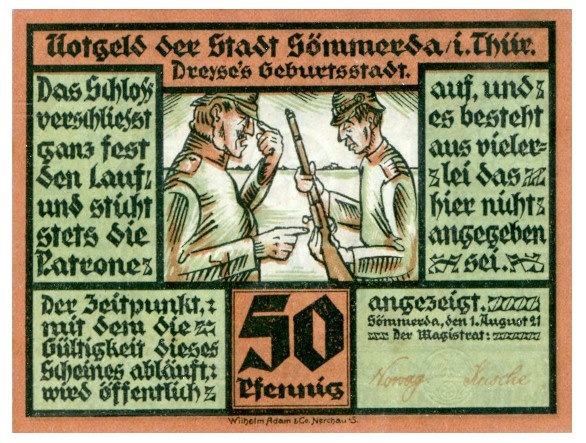 Notgeld der Stadt Sömmerda/i.Thür. Dreyse´s Geburtsstadt, 50 Pfennig, 1. August 1921 (Historisch-Technisches Museum Sömmerda CC BY-NC-SA)