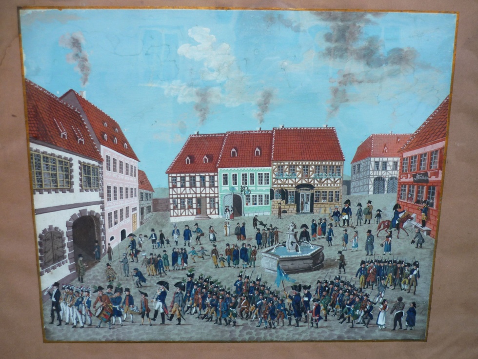 Aelteste Darstellung des historischen Festumzuges am 3. Pfingstfeiertag in Eisfeld, um 1817 (Museum  CC BY-NC-SA)
