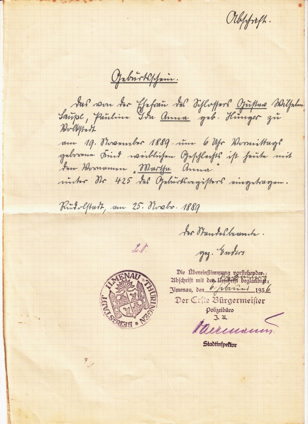 Abschrift Geburtsschein (GoetheStadtMuseum Ilmenau CC BY-NC-SA)