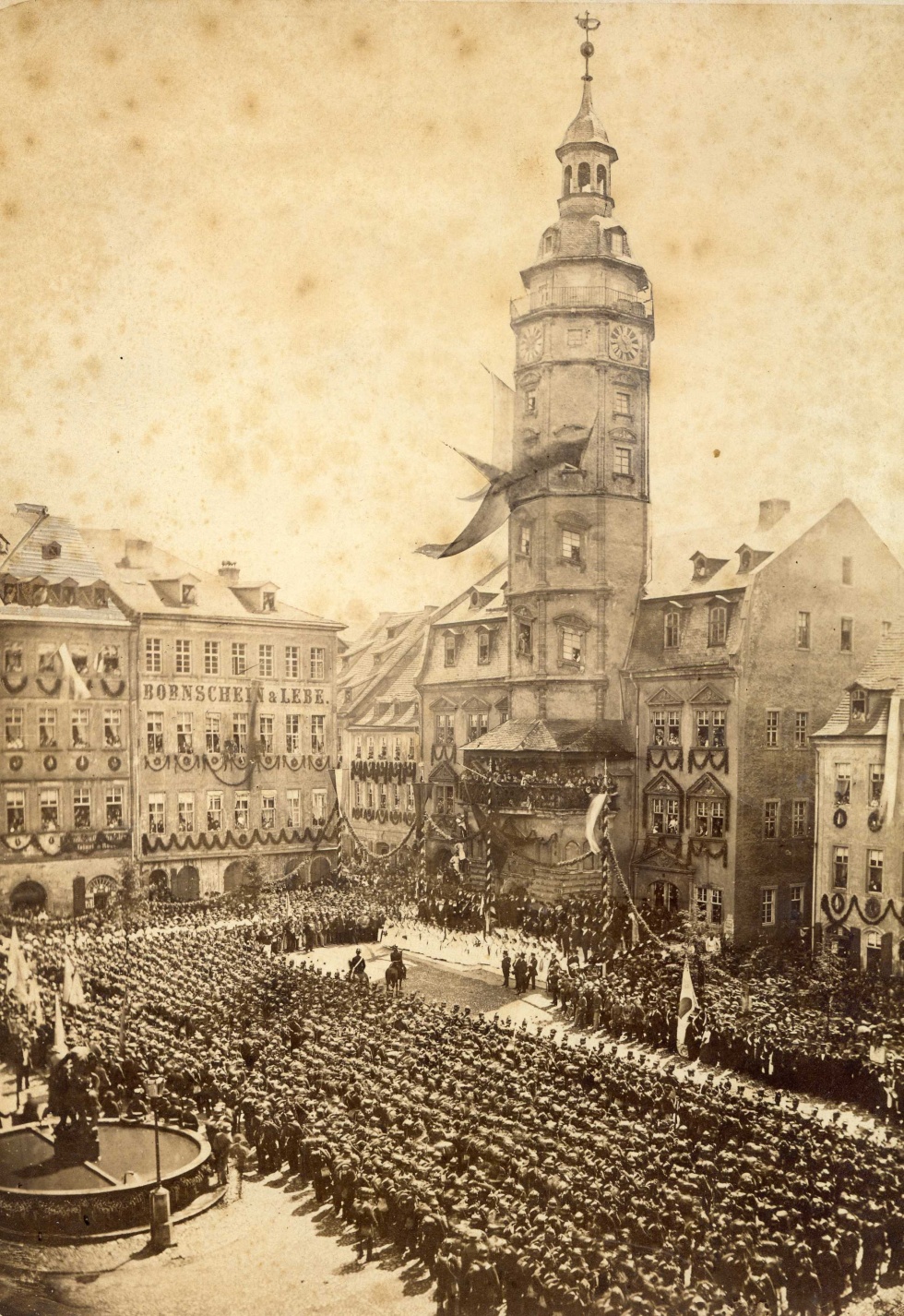 Geraer Marktplatz am 17. Juni 1871 (Stadtmuseum Gera CC BY-NC-SA)