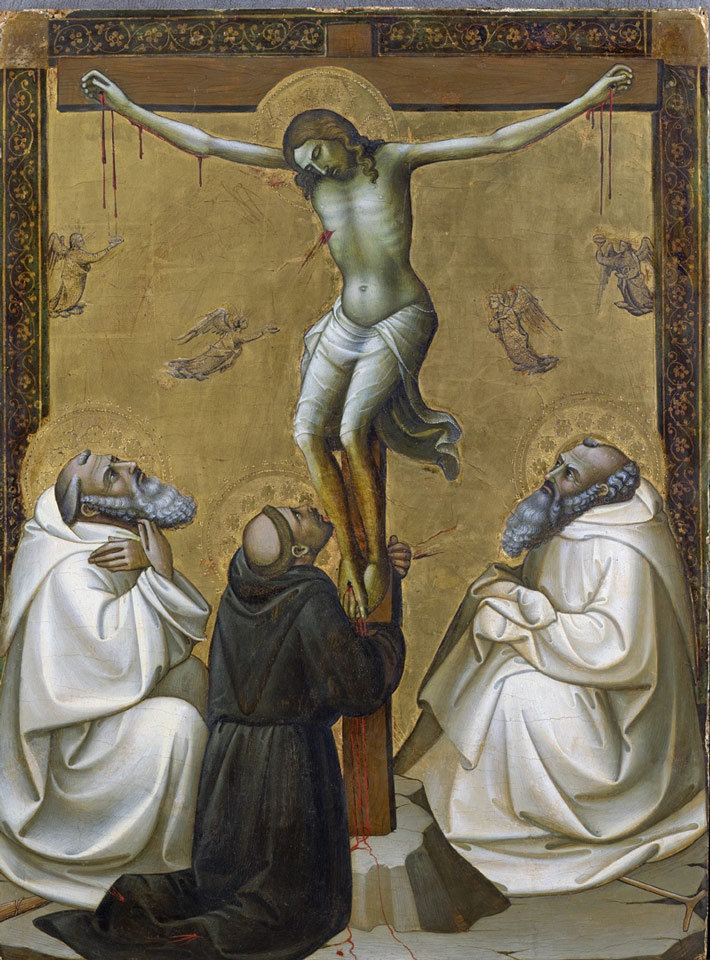 Piero di Giovanni: Christus am Kreuz mit dem Heiligen Benedikt, Franziskus und Romuald [Oertel 23] (Lindenau-Museum Altenburg CC BY-NC-SA)