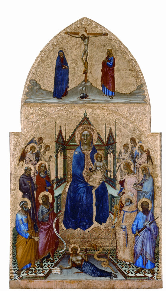 Angelo Pucinelli: Thronende Madonna mit Engeln und Heiligen; Eva und die Schlange; Kreuzigung Christi [Oertel 49] (Lindenau-Museum Altenburg CC BY-NC-SA)
