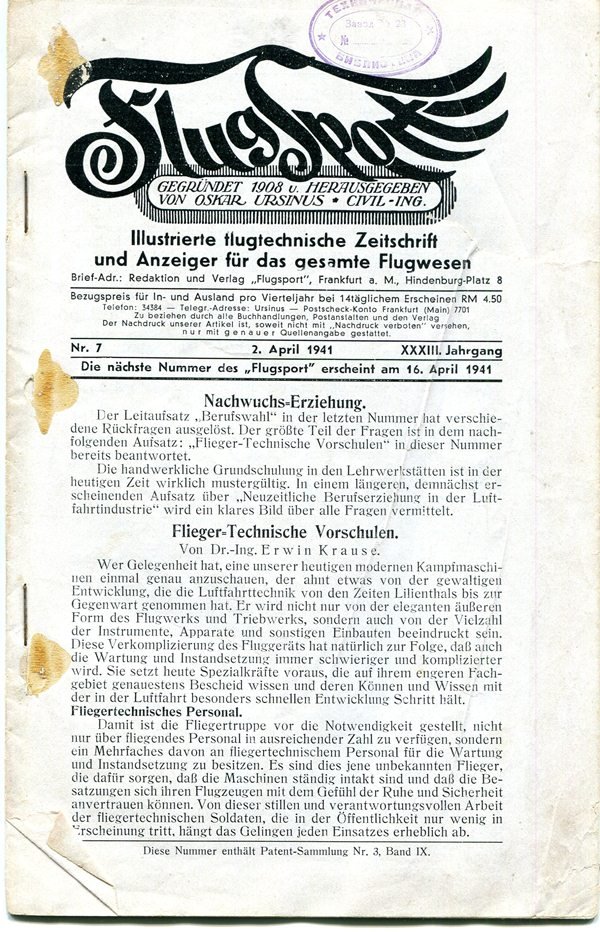 Журнал "Flugsport", том XХХІ, № 8, 1939 (Державний політехнічний музей імені Бориса Патона CC BY-NC-SA)