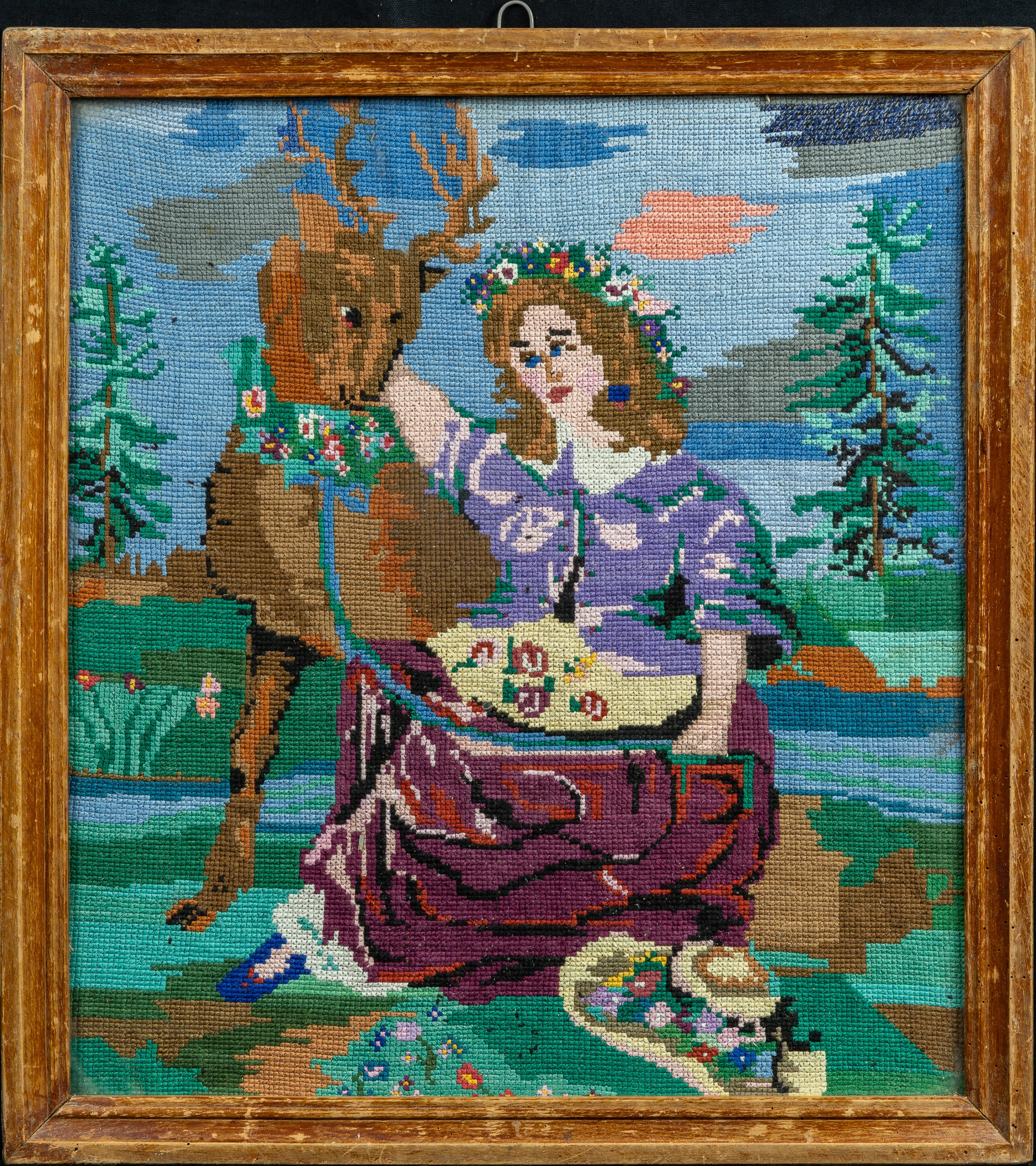 Картина вишита "Дівчина з оленем" (Ківерцівський краєзнавчий музей CC BY-NC-SA)