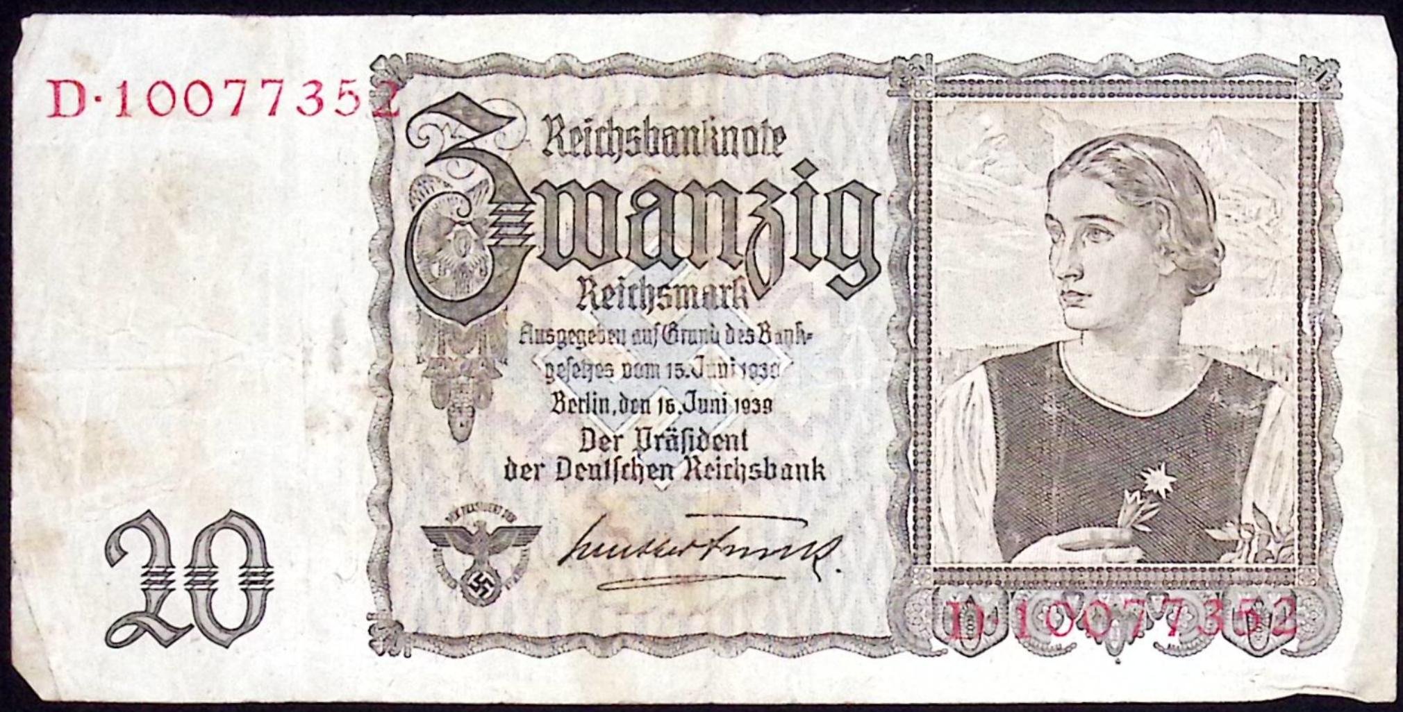 Німецька банкнота номіналом 20 марок 1939 рік (Національний заповідник "Хортиця" CC BY-NC-SA)